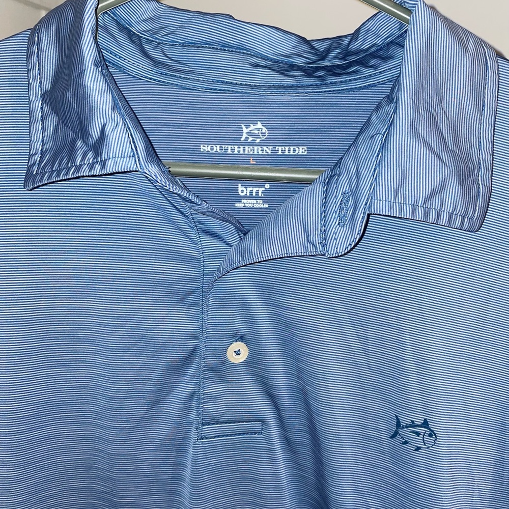 Southern Tide Brrr Light Blue performance Polo with Stripes men’s Size L Large